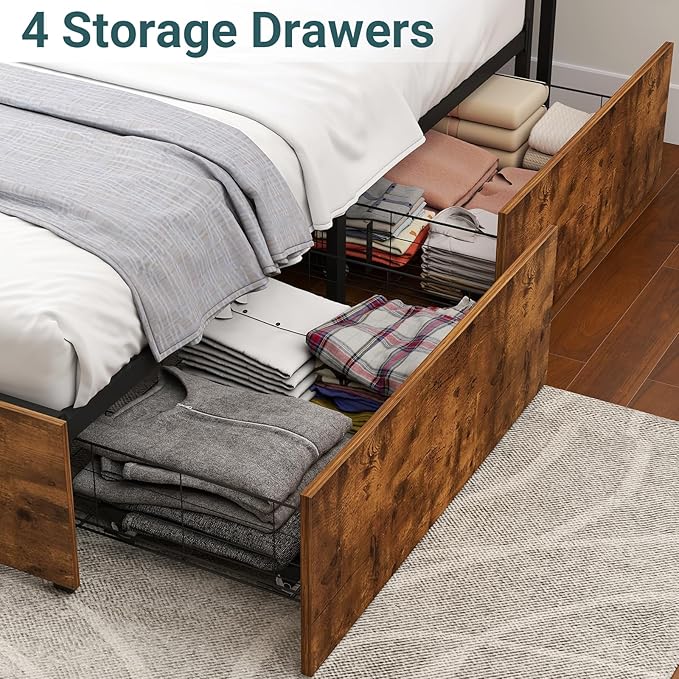 LED Full Size Bed Frame with Storage Wooden Headboard, Metal Platform Bed Frame Full Size with 4 Storage Drawers, Adjustable LED Lights, Charging Station, Noise Free, Easy Assembly, Brown