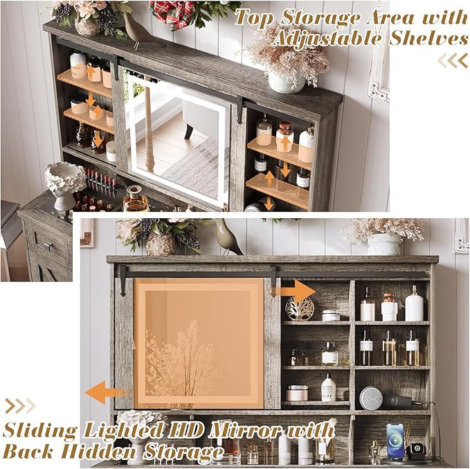 Farmhouse Makeup Vanity Desk with Sliding Mirror and Lights, 47'' Glass Tabletop Vanity Table with Charging Station, Large Vanity Set with Drawers, Stool, Barn Door Dressing Cabinets, Gray