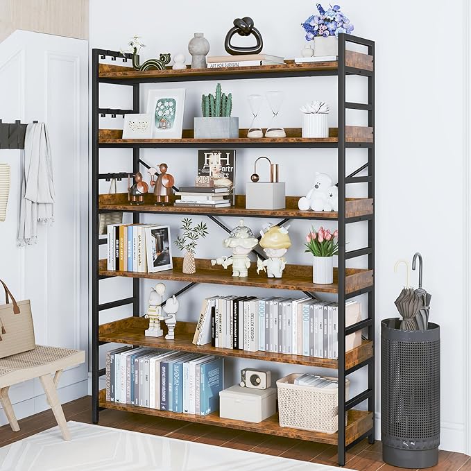 HCHQHS 6 Tier Bookshelf, Adjustable Industrial Bookcase, Vertical Tall Book Shelf, Wood and Black Metal Open Bookshelves for Home Office, Living Room, Bedroom