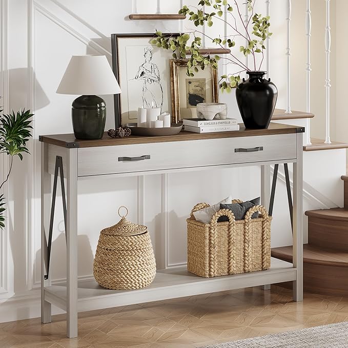 ChooChoo 47'' Farmhouse Console Table with Drawer, Entryway Table with Storage Shelf, Rustic A-Design Sofa Table for Hallway, Entrance, Living Room, White&Brown
