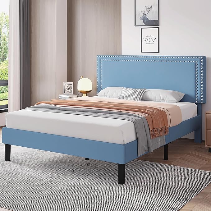 VECELO Queen Size Bed Frame with Adjustable Upholstered Headboard, Wooden Slats Platform, Noise-Free Design, Easy Assembly
