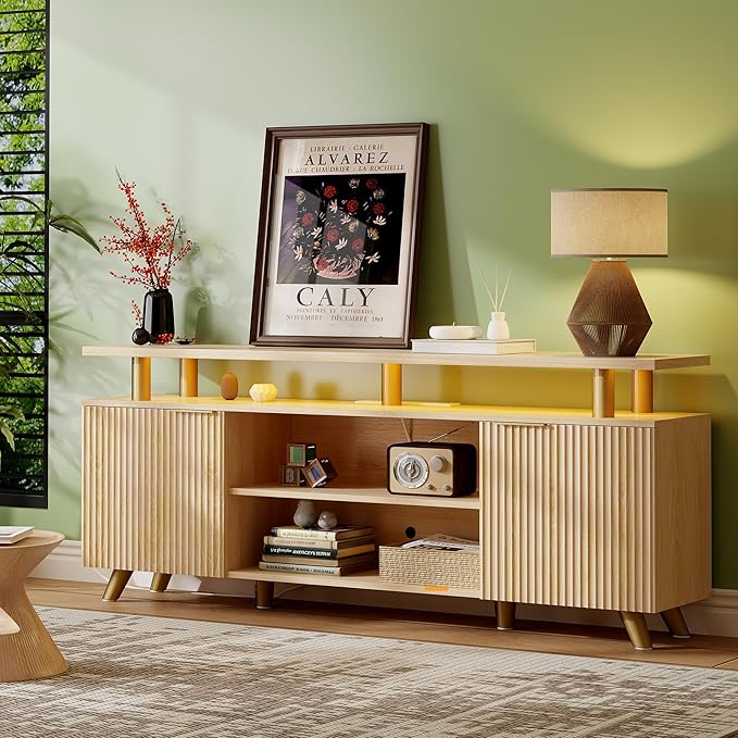 Lulive Modern TV Stand for 55/60/65/70 inch Television, Entertainment Center with Wooden Storage Cabinets and Power Outlet，Media Console for Living Room Bedroom (Natural Oak)