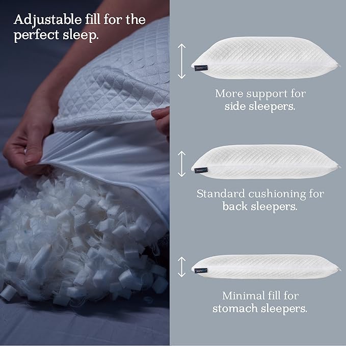 DreamyBlue Signature Pillow w/Adjustable Loft • Shredded Memory Foam Fill • Neutral Alignment for Side, Back, and Stomach Sleepers • Washable Bamboo Rayon Cover • CertiPUR-US Certified Foam (Queen)