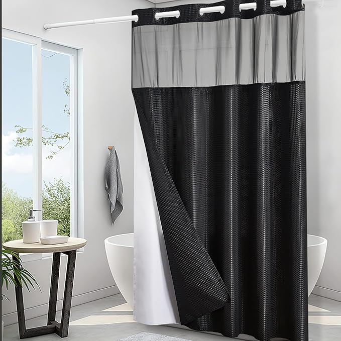 No Hook Waffle Weave Shower Curtain with Snap in Liner Set,Heavy Duty Fabric Textured Bathroom Curtain with Sheer Window,Waterproof & Machine Washable,Black,Stall Size 48x72 Inch