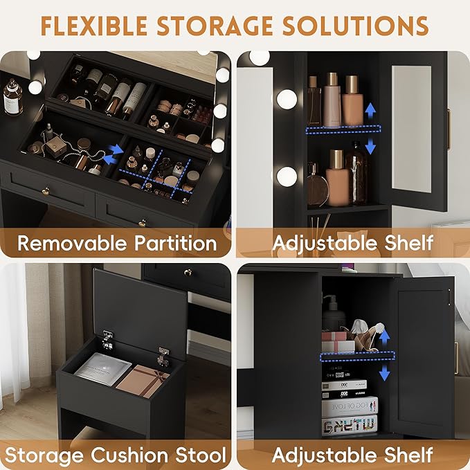 Makeup Vanity Desk with Mirror and Lights, Black Vanity Table with LED Lighted Mirror & Power Outlet, Dressing Table with Chair, Large Storage Drawer & Cabinet, and Foldable Panel for Girls’ Bedroom