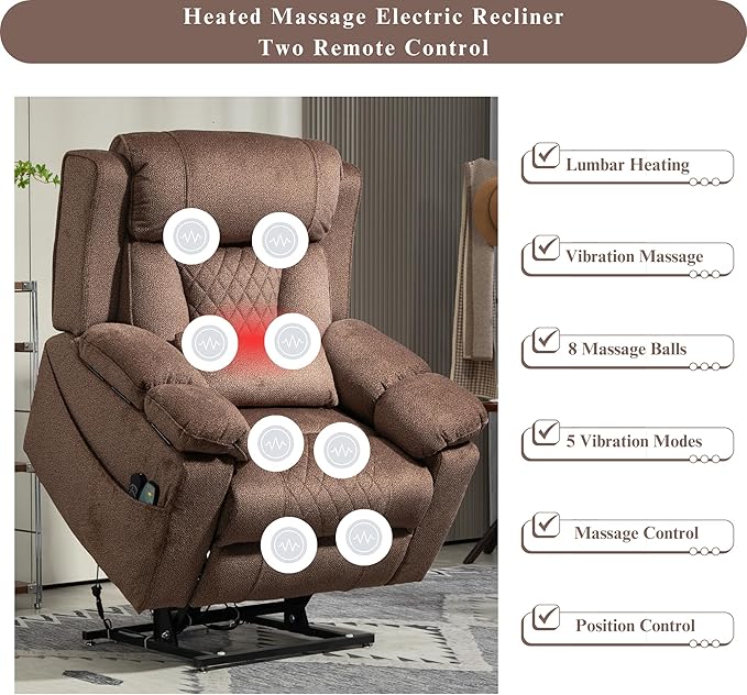 Big Man Power Lift Recliner for Elderly Adults 28 Inch Wide Seat, Lay Flat Lift Chair with Heat Massage, Flip Arm Storage Cup Holders, USB Type C Charging, 400 lbs