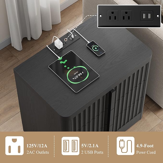 Fluted Nightstand Set of 2 with Charging Station, 23.6" Wood Bedside Table with Solid Wood Handle, Mid Century Moden End Table, 3 Drawer Dresser for Bedroom, Living Room, Black