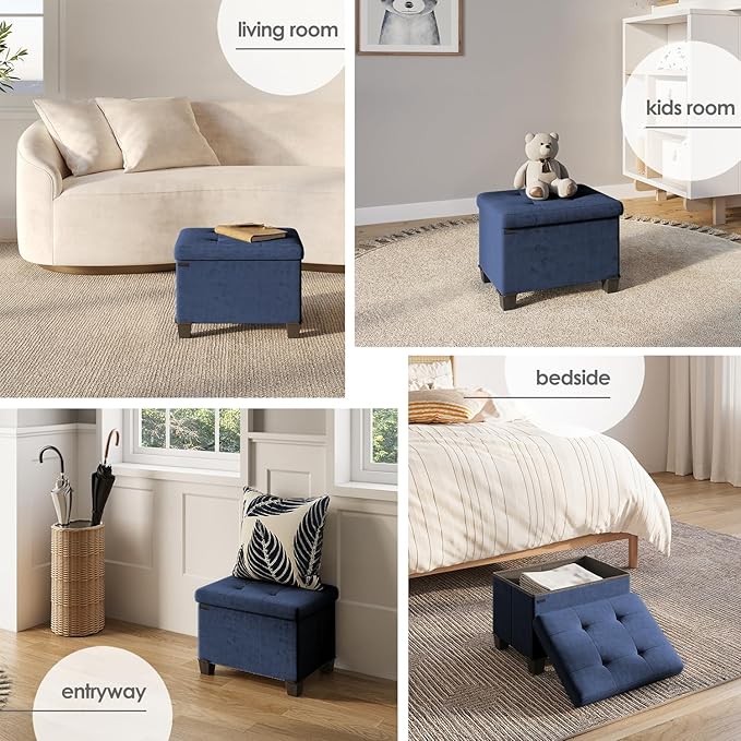 STORAGEBUD Storage Ottoman Cube with Small Bin, 16-in Square Ottoman with Storage for Living Room and Bedroom, Small Ottomans Foot Rest, Velvet Foot Stools Ottomans Max 330lbs, Blue