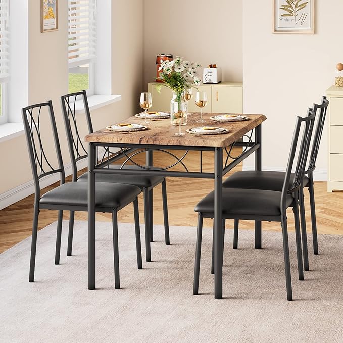 Dining Table Set for 4, Compact Kitchen Table with 4 Upholstered Chairs, 5-Piece Kitchen Table Set for Small Space, Dining Room, Apartment, Retro Brown
