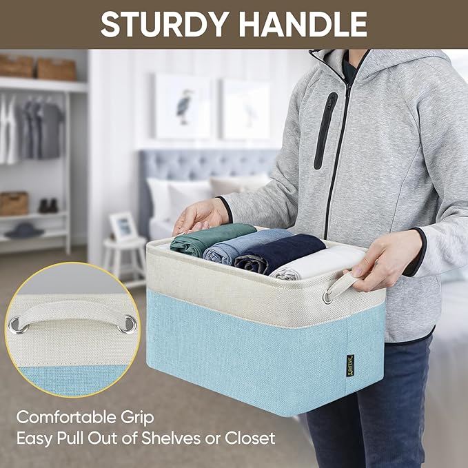 BALEINE 4 Pack Fabric Storage Bins for Shelves, Linen Storage Baskets for Organizing, Decorative Closet Bins for Clothes, Home (Skyblue, 15''x11''x9.5'')