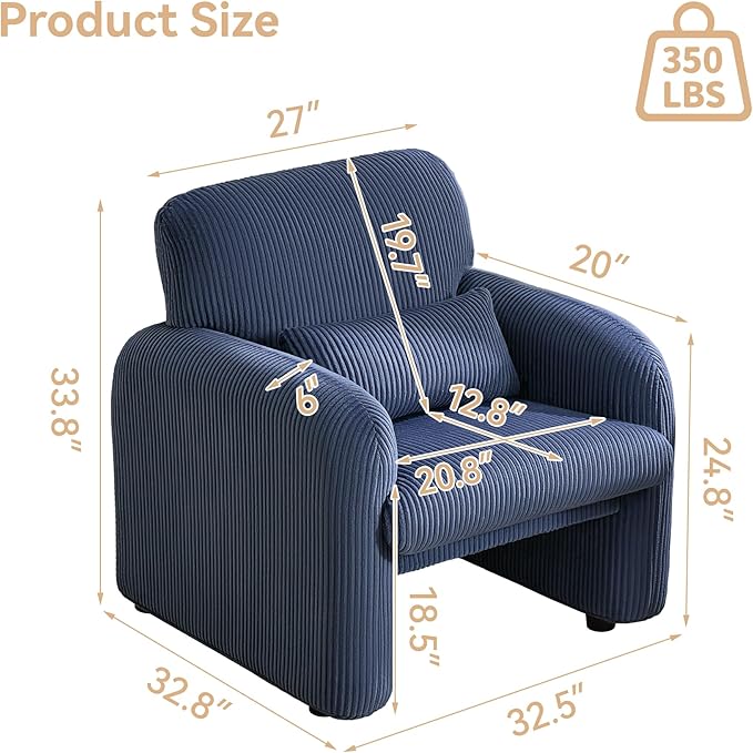 Corduroy Fabric Accent Chairs Set of 2, Modern Upholstered Living Room Chairs with Lumbar Pillow, Wide Comfy Leisure Armchair for Bedroom, Office, Reading, Blue