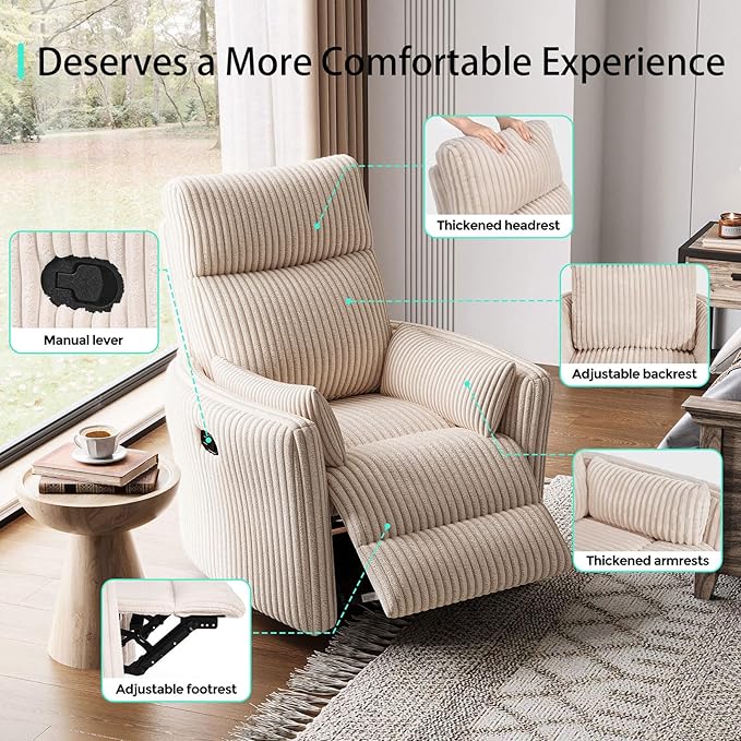 LINSY 360 Swivel Recliner Chair: Corduroy Rocking Chair Nursery Glider Chairs with 2 Pillows Comfy High Back Adult Recliner for Small Spaces, Living Room Bedroom Nursery Reclining Chairs, Beige