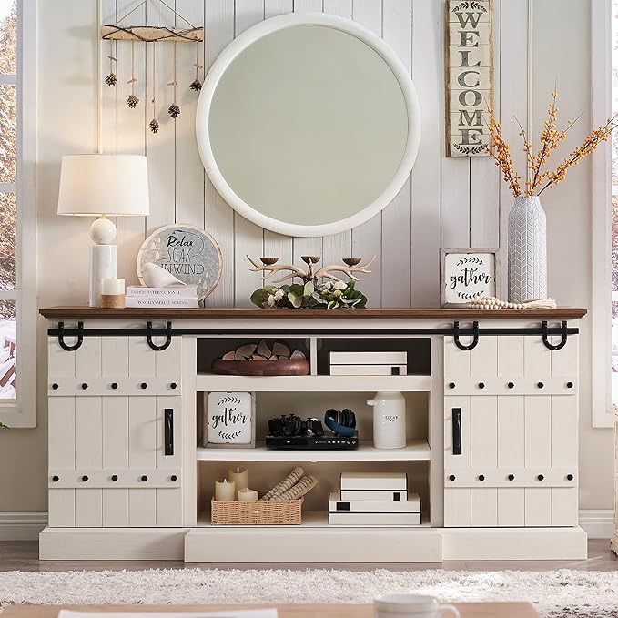 OKD 75" Farmhouse TV Stand for TVs Up to 85 Inches, Large Rustic Entertainment Center with Sliding Barn Door, Tall Highboy Media Console Table with Storage Cabinet for Living Room, Antique White