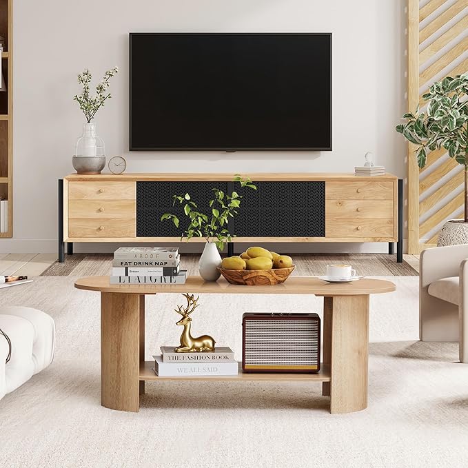 43.3” Oval Coffee Table with Storage, Wood Coffee Tables for Living Room, Farmhouse Center Table with 2-Tier Storage Shelf Low Tea Table for Small Space, Home, Office (Natural)