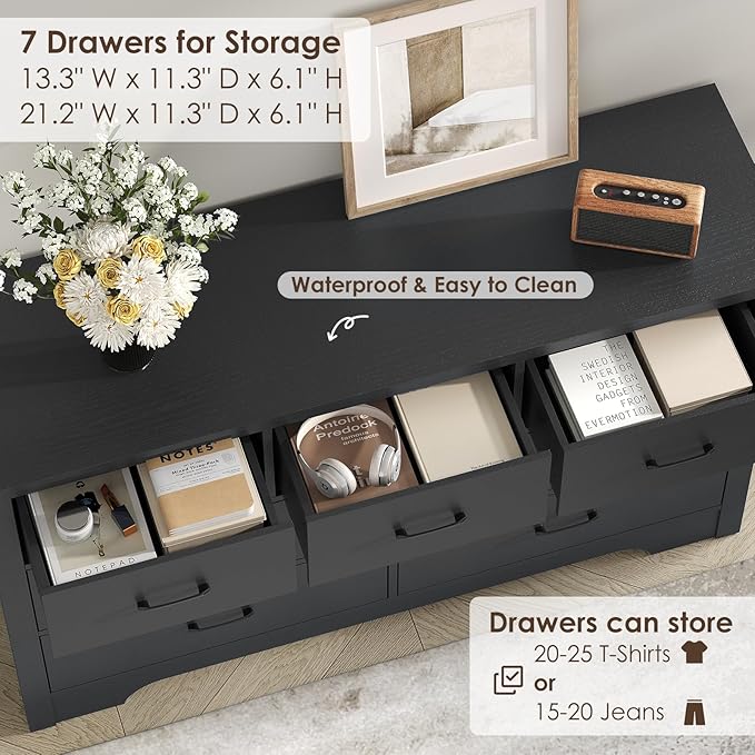 Farmhouse 7 Drawer Dresser for Bedroom, 51" Wide Chest of Drawers, Wooden Dresser TV Stand, Storage Dressers Organizer for Bedroom, Living Room, Hallway, Black