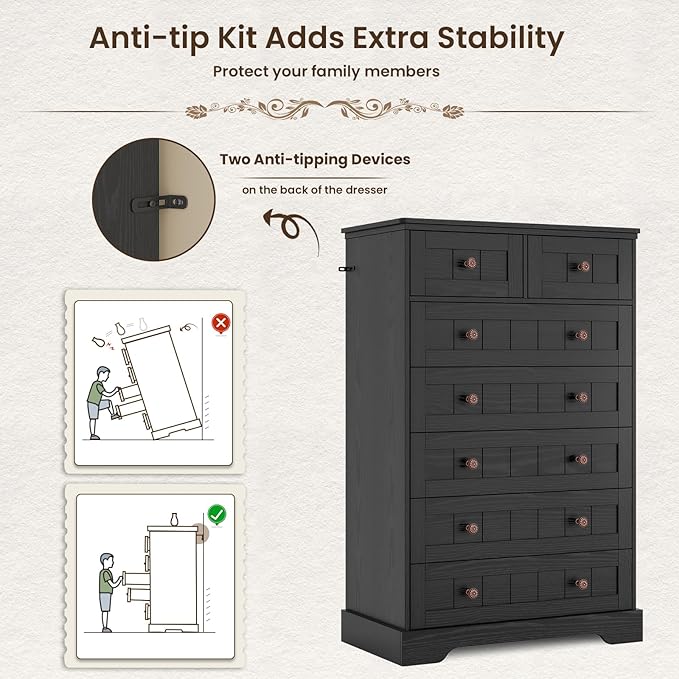 Hasuit Black Dresser for Bedroom, Farmhouse 7 Drawers Dresser, 51.4"Tall Dressers Chest of Drawers with Hand Carved Panel, Large Wood Closet Storage Organizers Dressers for Bedroom Living Room Hallway