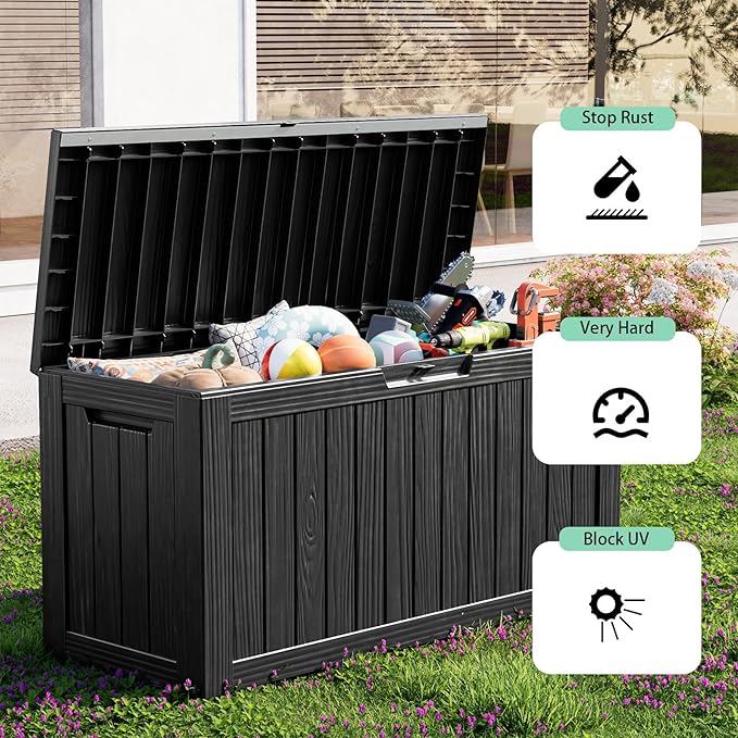 Vixzen 85 Gallon Resin Deck Box, Lockable Outdoor Storage Box for Patio Cushions Storage Furniture,Garden Tools, Pool Supplies, Weatherproof and UV Resistant,Black