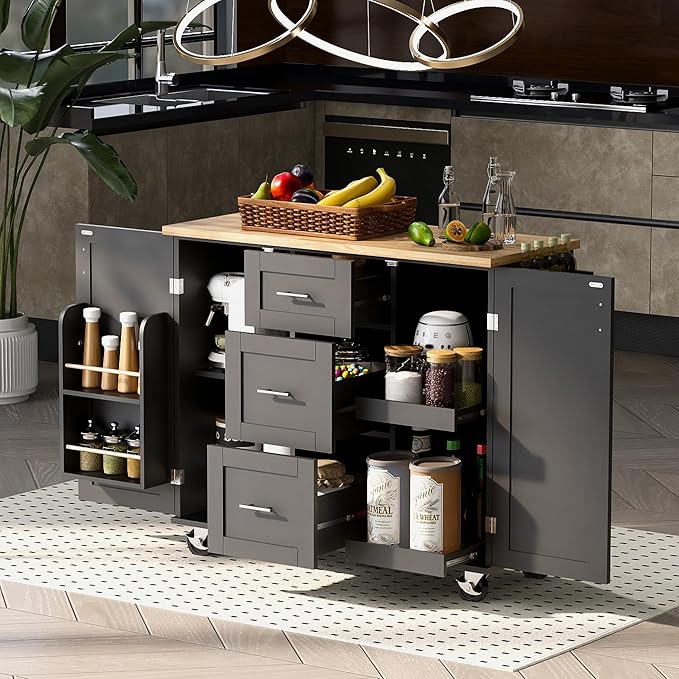 Rolling Mobile Kitchen Island Cart Cabinet with Door Internal Storage Rack, 3 Drawers and 2 Slide-Out Shelves for Dining Room