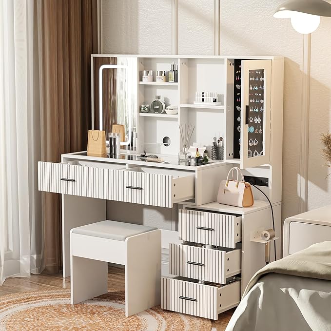Large White Vanity Desk with Mirror and Lights，Vanity Table Makeup Vanity 5 Drawers with Power Strip Charging Station，Cushioned Stool for Bedroom, Dressing Room (White)