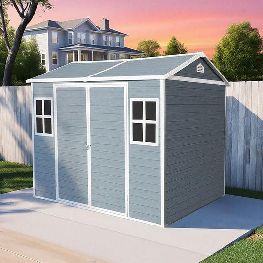 8x6 FT Outdoor Storage Resin Shed with Floor, Plastic Garden Tool Shed with Sloped Roof, Lockable Door & Windows, Easy to Assemble Bike Shed for Lawn, Backyard, Patio, Grey