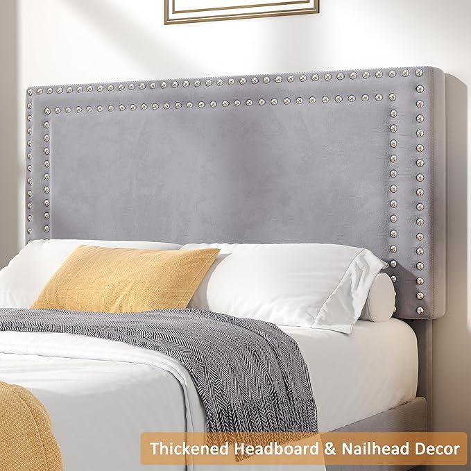 VECELO Twin Size Platform Bed Frame with Adjustable Upholstered Headboard, Strong Wood Slat Support, No Box Spring Needed, Easy Assembly