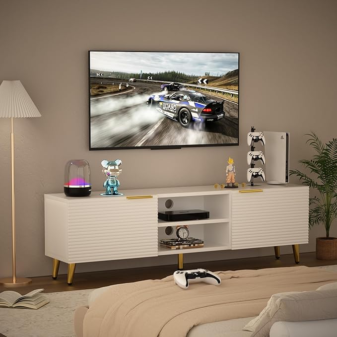 TV Stand for 65+ Inch TV, Modern TV Console for Living Room Bedroom, Wood Entertainment Center with Storage Cabinets, Hinge Door, Waveform Panel, Media Console (White, 57 inch)