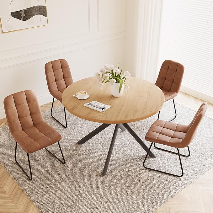 45.3 Inch Round Dining Table Set for 4, Mid Century Modern Small Kitchen Coffee Set for Dining Room Kitchen Apartment (Oak Table + 4 U-Shaped Brown Chairs)