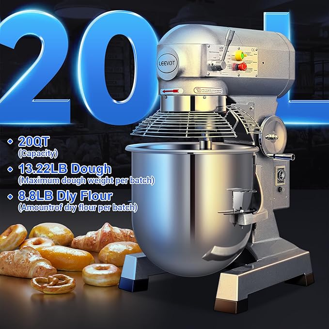 20Qt Commercial Food Mixer with Timing Function,1100W Commercial mixer 3-Speed Adjustable Heavy Duty, Electric Stand Food Mixer with Stainless Steel Bowl for Bakery Pizzeria. (Standard)