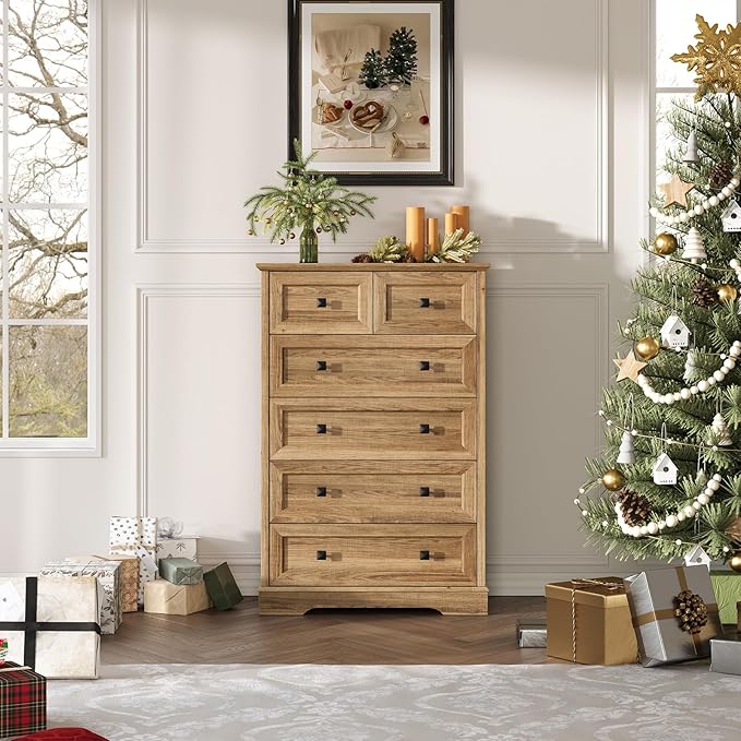 Farmhouse 6 Drawers Dresser Chests for Bedroom, Rustic 6 Chest of Drawers, Wood Dressers Organizer for Closet, Modern Storage Organizer Cabinet for Living Room, Hallway, Entryway, Natural Oak