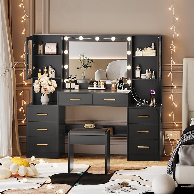 Black Vanity Desk with Mirror, Lights & Charging Station, 58.3" 3 Lighting Modes Makeup Desk with 8 Drawers, 2 Cabinets and Lots Storage, Dressing Table Vanity Set with Lighted Mirror