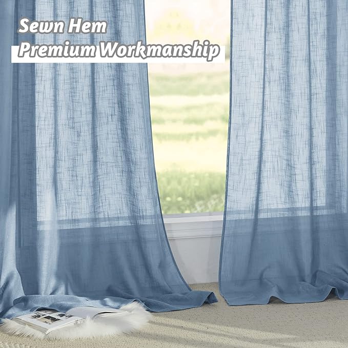 RYB HOME Linen Curtains 90 inches Long Super Soft Light & Privacy Rod Pocket Sheers for Living Room Bedroom Patio Door Backdrop Window Decor, Blue Haze, W 52 x L 90 inches, 2 Panels