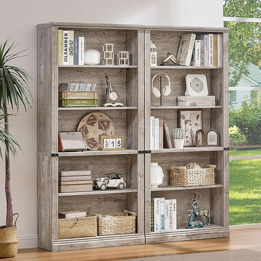 70" Grey Tall Bookshelf Set of 2,5-Tier Thick Wooden Book Shelf with Adjustable Shelves,Free Standing Farmhouse Bookcase with Open Display Storage,Floor Vintage Bookshelves for Living Room