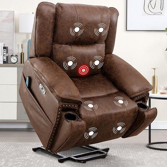 Phoenix Home Dual Motor Power Lift Chair for Elderly, Lift Chairs with Massage and Heat, Faux Leather Electric Chairs for Adults, Recliner Chair with USB, 2 Concealed Cup Holderss, Chestnut Brown