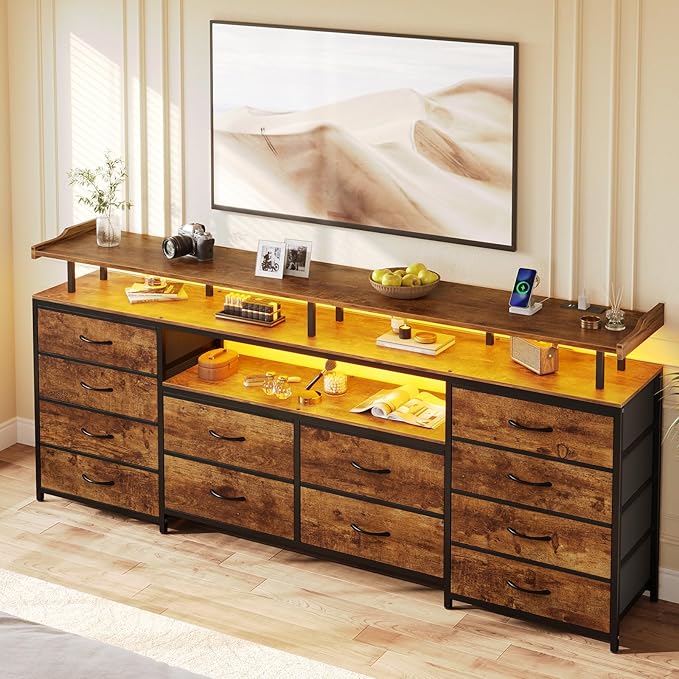 12 Drawers TV Stand Dresser for 65/70 inch TV, Entertainment Center with LED Lights & Power Outlets, 63" Large LED TV Stand, TV Console for Bedroom