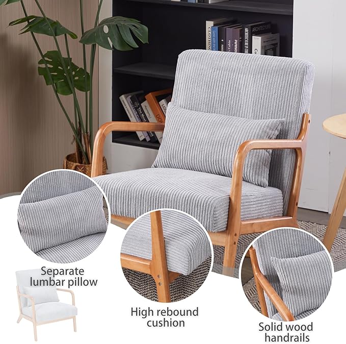 IKIFLY Mid Century Modern Accent Chair with Pillow, Upholstered Lounge Armchair with Solid Wood Frame, Reading Chair with Lumbar Cushion for Living Room, Office, Reading Room, Bedroom - Light Grey