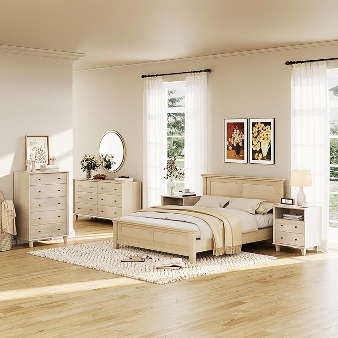 5 Drawer Dresser for Bedroom, Tall Modern Chest of Drawers, Beveled Profile Design, Wood Drawer Organizer for Bedroom, Living Room, Hallway and Entryway,Light Oak