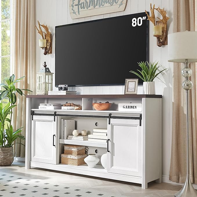Rustic Farmhouse TV Stand for 80 Inch TVs, Large Entertainment Center with Storage, TV Console for Bedroom Living Room, Media Console Cabinet with Sliding Barn Doors, 70 Inch Wide, White & Walnut