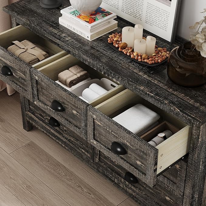 Farmhouse 7 Drawer Dresser for Bedroom, Modern Wood Dresser with Vintage Black Antique Handle, Rustic Chest of Drawers for Hallway, Antique Black