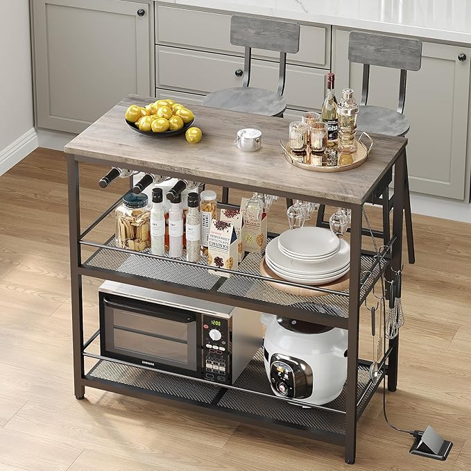 Kitchen Island with 3 Shelves, Kitchen Island with Power Outlet, Kitchens Storage Rack with 4 S Hooks, Microwave Stand and Coffee Bar Station for Dining Room, Greige and Black KIHG91E01