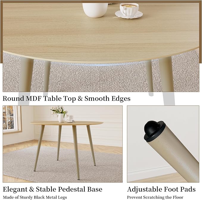 43.3 Inch Round Dining Table Set for 4, Modern Small Kitchen Coffee Set for Dining Room Kitchen Apartment (Cream Table+4 U-Shaped Brown Chairs)