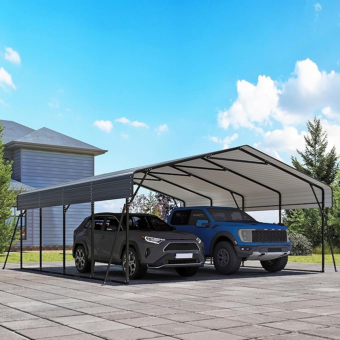 Heavy Duty Metal Carport, 20 x 20FT Outdoor Carport with Galvanized Steel Frame and Roof, Multi-Use Car Shelter for 2 Cars, Pickup, Tractors, Gray