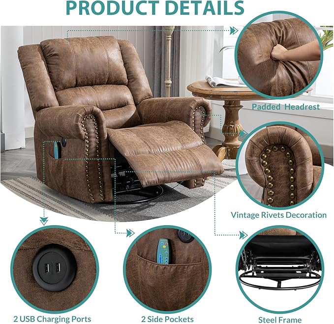 MEETWARM Massage Swivel Rocker Recliner with Heat and Vibration, Manual Glider Rocking Recliner Chair, 360°Swivel Lounge Reclining Chair with Remote Control/USB Ports for Living Room(Brown)