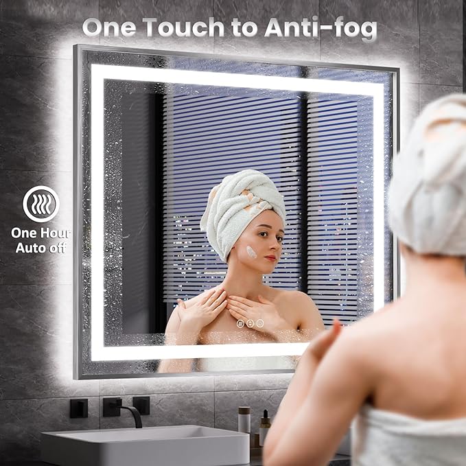 Amorho 48"X36" LED Bathroom Mirror, Brushed Nickel Framed Mirror with Front Light and Backlit, Stepless Dimmable, Anti-Fog, Shatter-Proof, Memory, 3 Colors