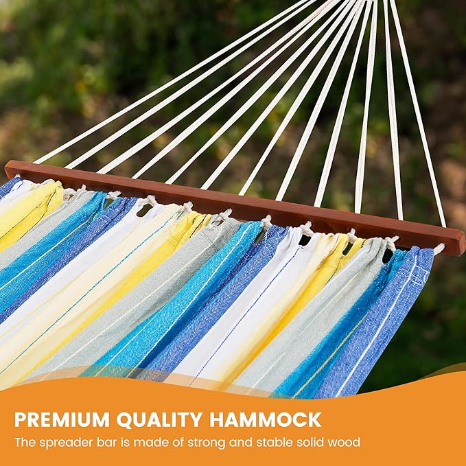 Lazy Daze Hammocks Cotton Fabric Spreader Bar Hammock, Outdoor Portable Hammock with Carrying Bag & Tree Straps for Bedroom, Patio, Backyard, Balcony, Max 450lbs Capacity, Blue & Yellow