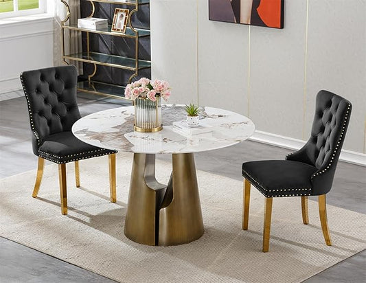 3-Piece Faux Marble Round Dining Table Set for 2, Modern Luxury Kitchen Table Set for 2 with Black Tufted Chairs,Circle Dining Tables with Pandora Grain Top and Bronze Pedestal Base