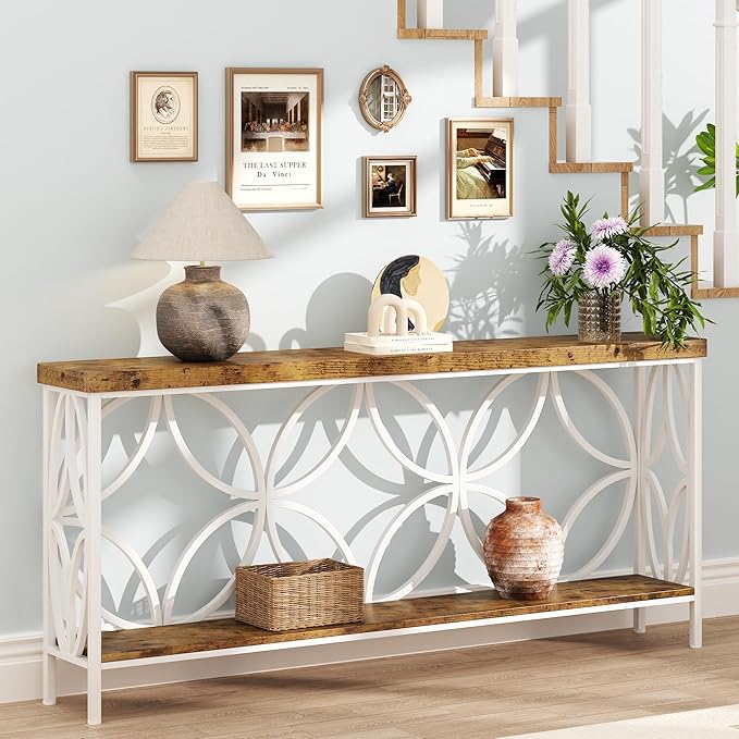 karlott 70.9 inch Extra Long Console Table, Industrial Sofa Table Behind Couch with 2 Tier Storage Shelf, Narrow Long Entryway Table for Living Room, Foyer, Hallway, Office, White