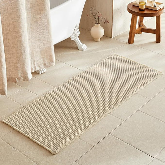 Pale Beige Long Bathroom Rug, Waffle Runner Rug Bathroom Non Slip Washable Super Absorbent Quick Dry Boho Farmhouse Bath Mat, 60''x24'' Pale Beige