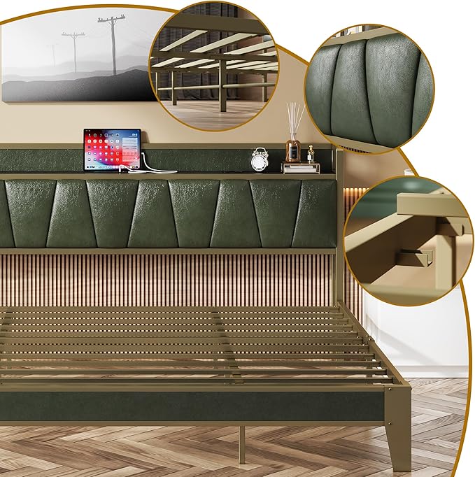 LIKIMIO California King Bed Frame, Storage Headboard with Charging Station, Solid and Stable, Noise Free, No Box Spring Needed, Easy Assembly (Dark Green)