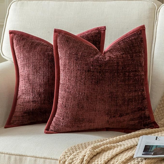 Yaertun Pack of 2 Chenille Textured Decorative Throw Pillow Covers Accent Solid Cushion Cover Soft Cozy Pillow Case with Velvet Back for Couch Sofa Bed Living Room 22x22 Inch Burgundy