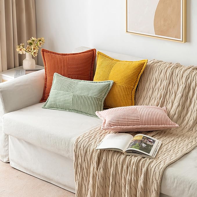 MIULEE Rust Fall Decorative Throw Pillow Covers for Couch Bed Livingroom 16x16 Inch Set of 2 Boho Accent Throw Pllows Broadside Striped Patchwork Soft Corduroy Pillowcases